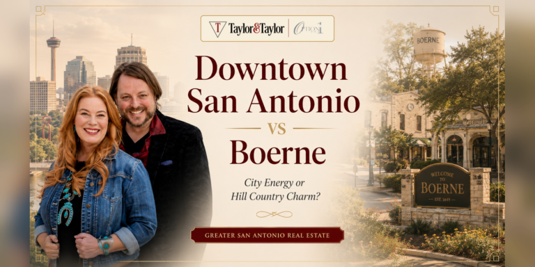 Celia and Stephen Taylor with a Downtown San Antonio vs Boerne TX comparison graphic